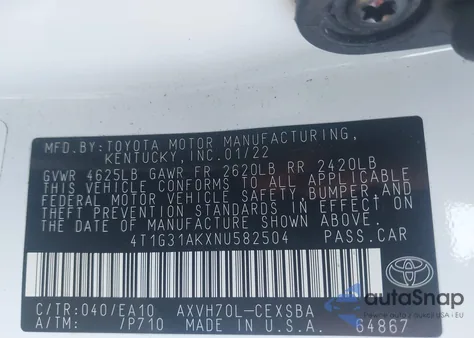 2022 Toyota Camry Se Hybrid z USA, uszkodzony, nr VIN 4T1G31AKXNU582504